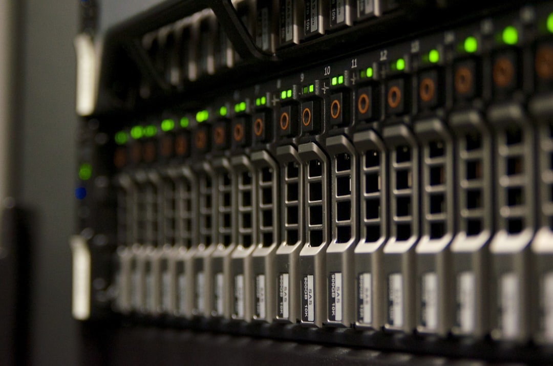 Server rack with blinking green lights
